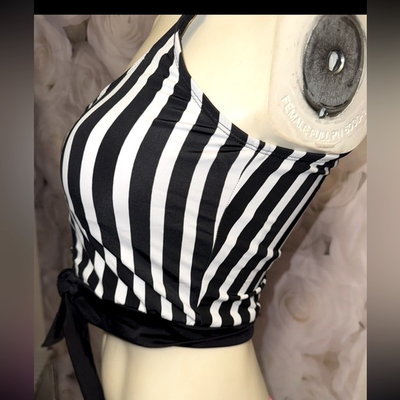 Coral Reef Traveler Tankini Top Black/White Stripe Faux Buttons, Tie Front M - Picture 5 of 12